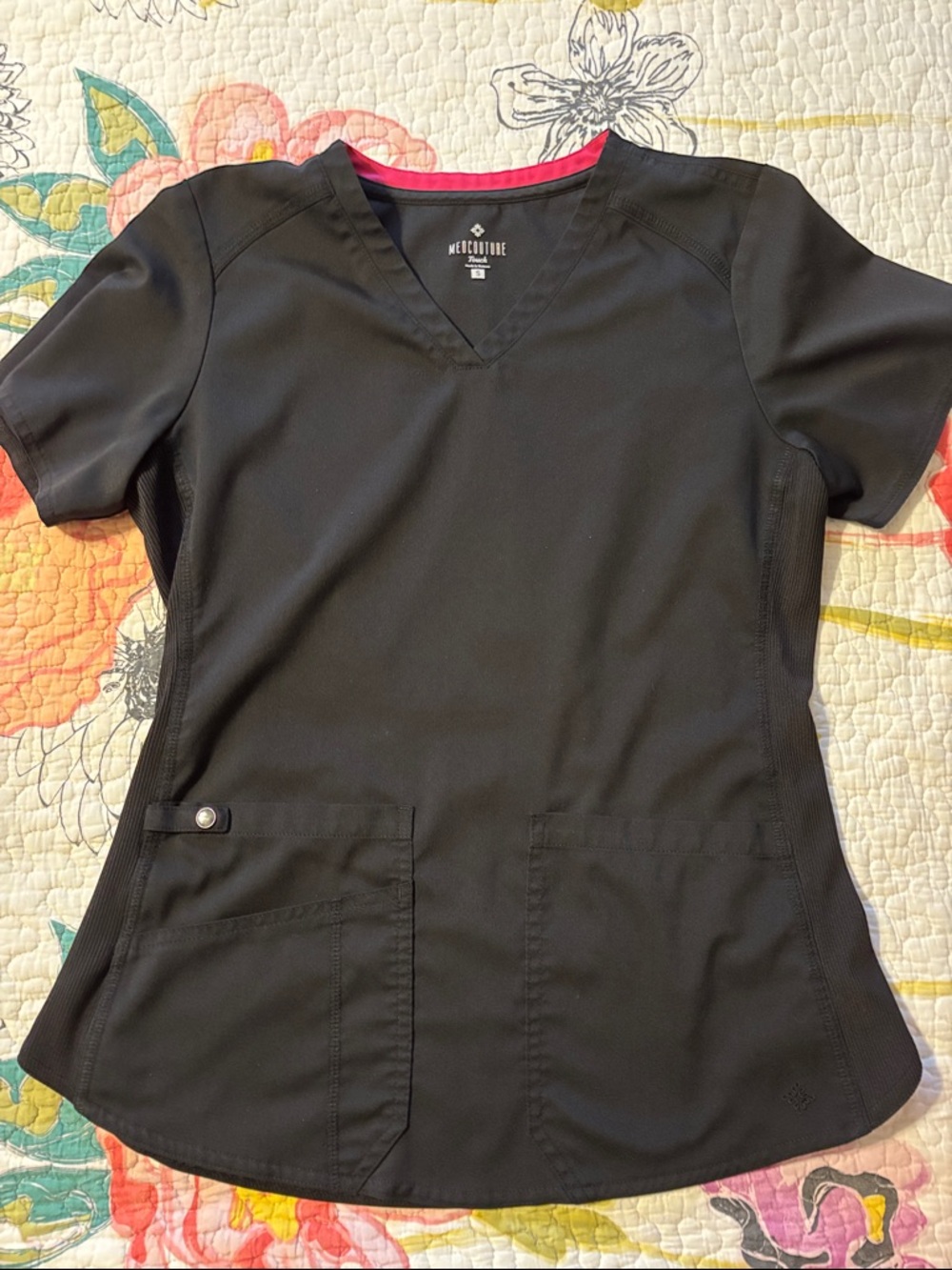 Med Couture Black V-Neck Short Sleeve Scrub Top with Pink Trim